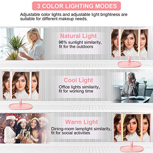 Oplaadbaar Make-up spiegel met verlichting, Tri-Fold Vanity Mirror-3 Kleur Dimbaar Licht, 1X / 5X Vergroting, Touch… - Afbeelding 3