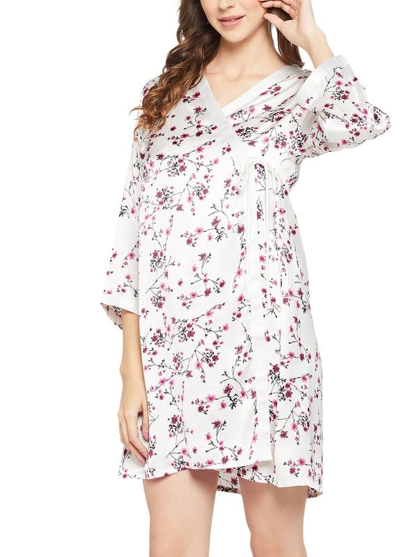 Image of Clovia Women's Satin Printed Short Night Dress & Robe Set