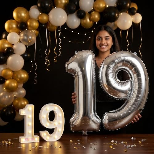 Image of Balloonistics Silver 40-Inch Foil Number 19 Balloon with Matching LED Marquee Light - Combo Set for 19th Birthday, Anniversary, Party Decoration, Photo Booth Backdrop, Cake Table Decor