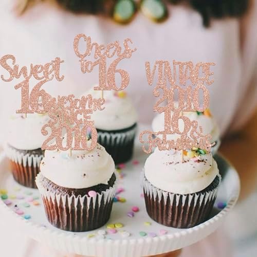 ZHUOWEISM 24 PCS Sweet 16th Birthday Cupcake Toppers Glitter Sixteen 16 Fabulous Vintage 2010 Cupcake Picks for Cheers to 16 Years 16th Birthday Wedding Anniversary Party Cake Decorations Rose Gold — view 4