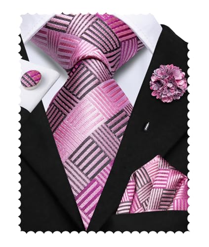 Image of Hi-Tie Pink Purple Mens Striped Ties Set Formal Necktie Lapel Pin Pocket Square Cufflinks Sets Formal Business Wedding