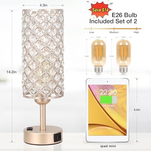 Image of Hong-in Touch Table Lamps for Bedrooms Set of 2-3 Way Dimmable Champagne Gold Crystal Lamps with Crystal Shade, Bedside Nightstand Lamp for Living Room Bedroom Home Office