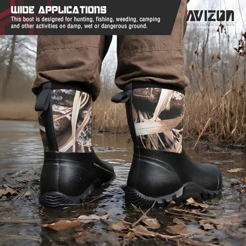 Waterproof Rubber Rain Boots with 6 mm Neoprene for Hunting, 10" Mid-calf Rubber Boots with Anti-Slip Sole for Mud Gardening Farming Working Outdoor Fishing, Size 6-142