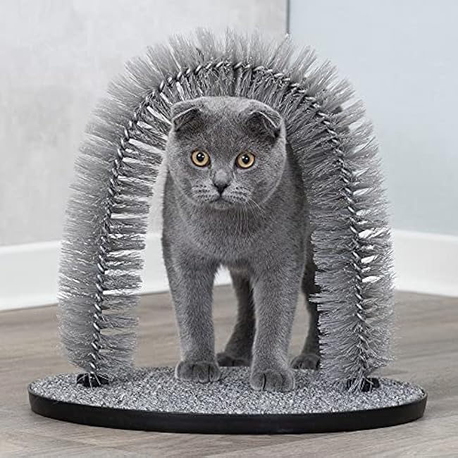TRIXIE Cat Massager and Self Grooming Arch, Bristle Ring Brush, Carpet Base Scratcher, Cat Self Groomer, Gray, Small-T72mMzHl
