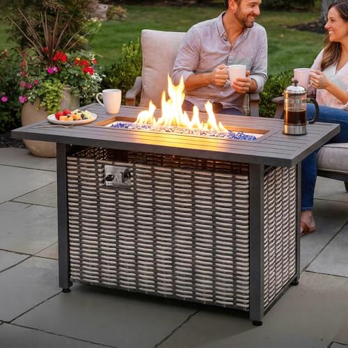 Image of Nuu Garden 43'' Propane Gas Fire Pit Rattan Outdoor Fire Pit Table 50,000 BTU Smokeless Gas Fire Pit with Lid and Glass Beads, Metal Tabletop Patio Fire Pit Table for Outside Patio Backyard, Brown