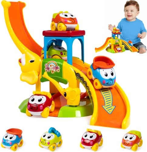 Marstone Elefant Auto-Rutschbahn Kinder Spielzeug ab 1 Jahr für Jungen | Montessori Lernspielzeug Mit 4 Tiere Autos für Baby 12-18 Monate, Motorikspielzeug Geburtstag Geschenk für