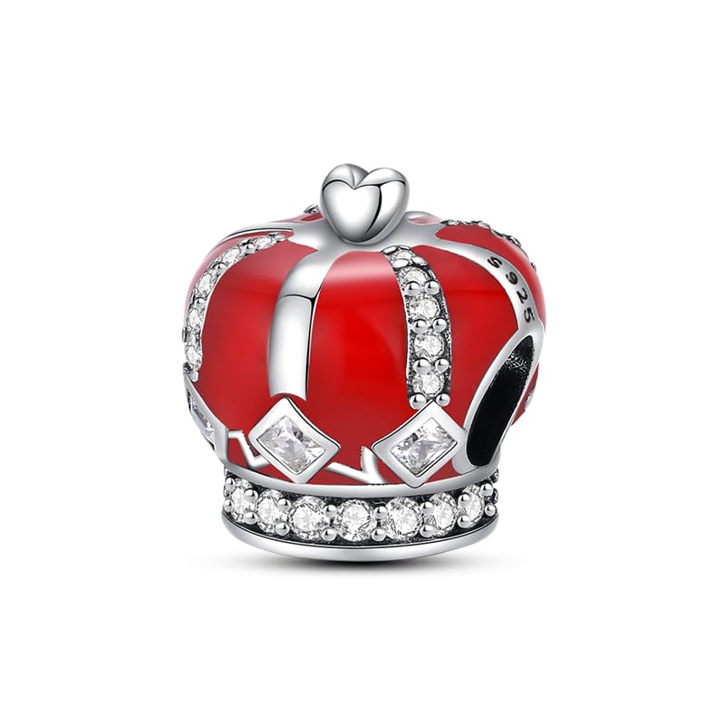 Ciondolo a forma di corona, in argento Sterling 925, smaltato rosso, per madre e figlia, regina, principessa, re, compatibile con braccialetti Pandora
