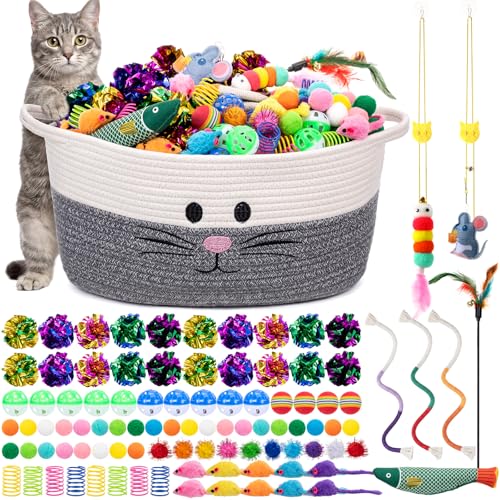 Leitee 15.2 X 10 X 8 100 Pcs Cat Bed Storage Basket Gift Cat Variety Toys Set Cotton Rope Basket Fish Mice Pet Bell Colorful Crinkle Balls Spring Toy for Kitten Swat Interactive (Basic Grey White)