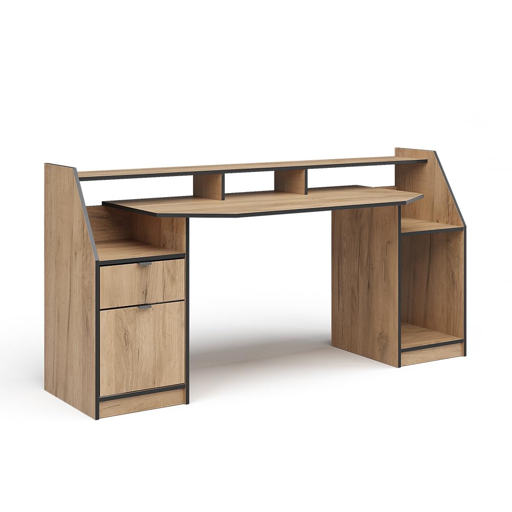 Vicco Bureau Joel, Chêne de Force doré, 179.8x65.5cm avec 1 tiroir et 1 Porte, avec Surfaces de Rangement pour Accessoires et rehausseur d'écran
