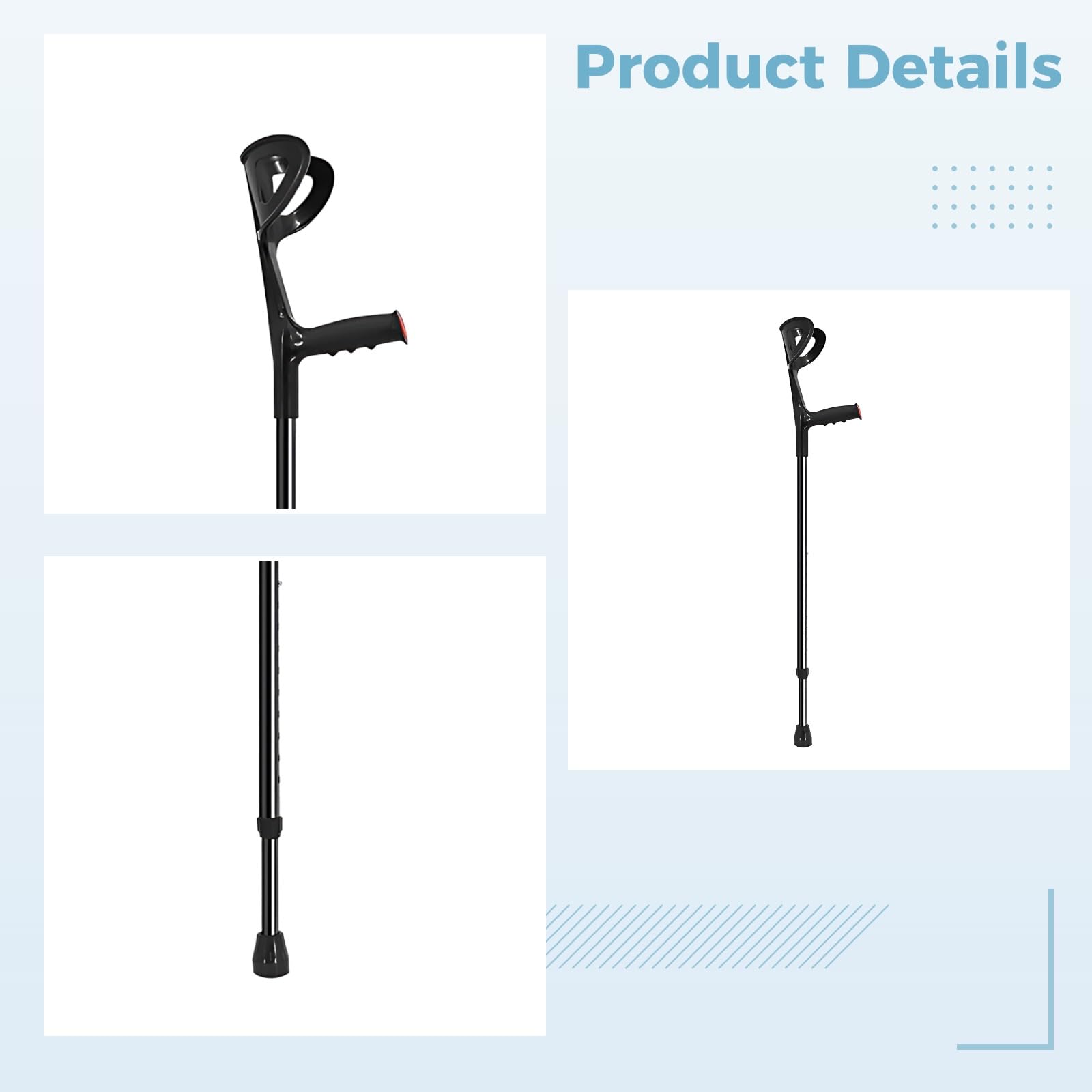 2 muletas de antebrazo para adultos, muletas ligeras de aluminio para caminar, 10 ajustes de altura, muletas ergonómicas para el codo, 118 cm, color negro, paquete doble