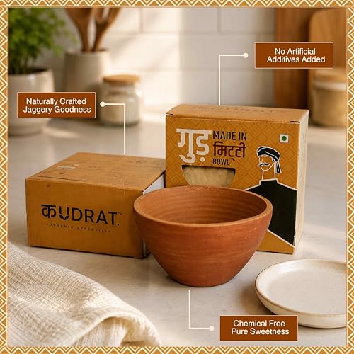 Image of Kudrat Organic Essentials गुड़ Jaggery in Clay Bowl, 900g, Unrefined Chemical Free, Mineral Rich Natural Sweetener, Traditional Handmade Process