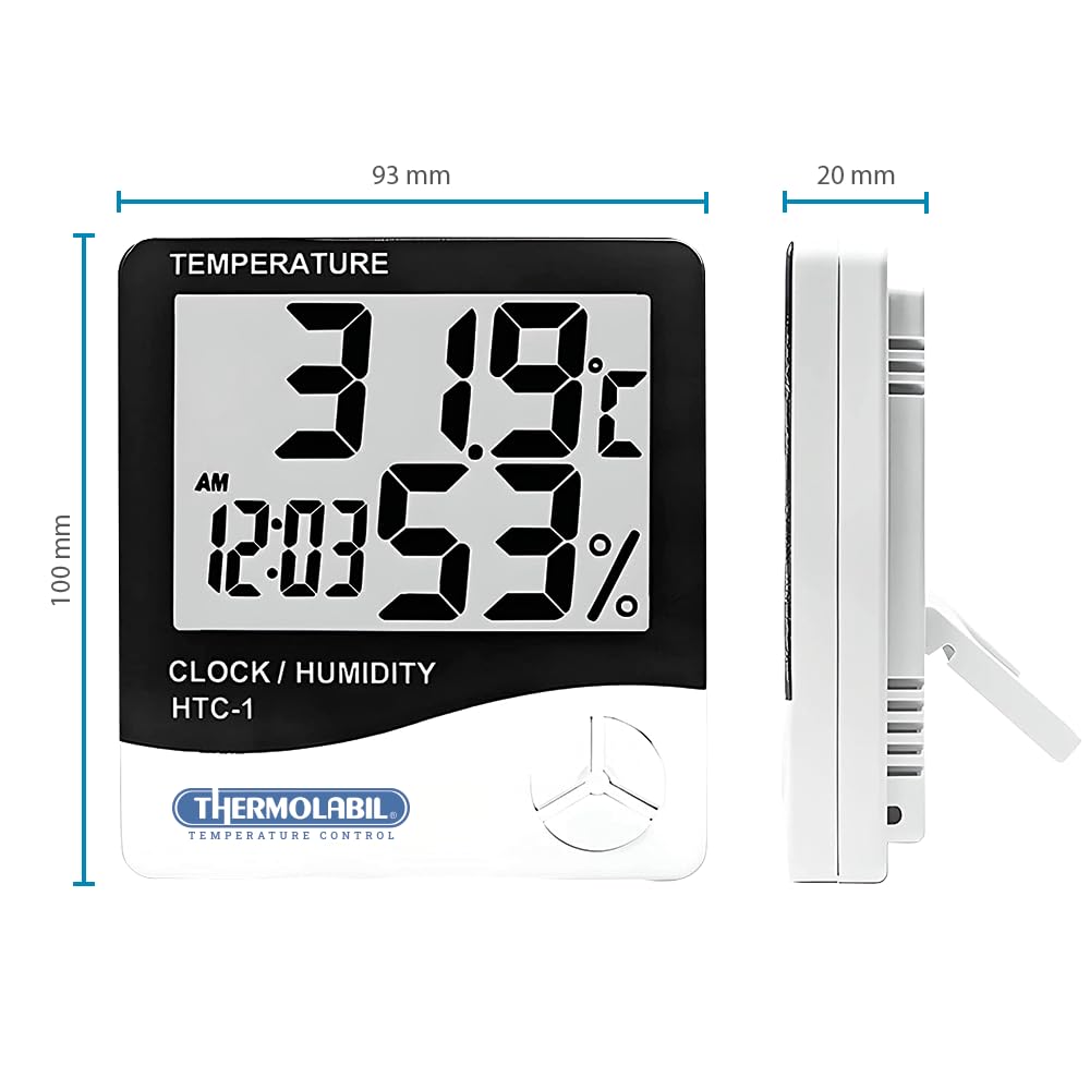 HTC-1 – Termohigrómetro Digital con Sonda – Temperatura y Humedad Interior/Exterior – Reloj y Calendario – Pantalla LCD Grande – Mesa o Pared