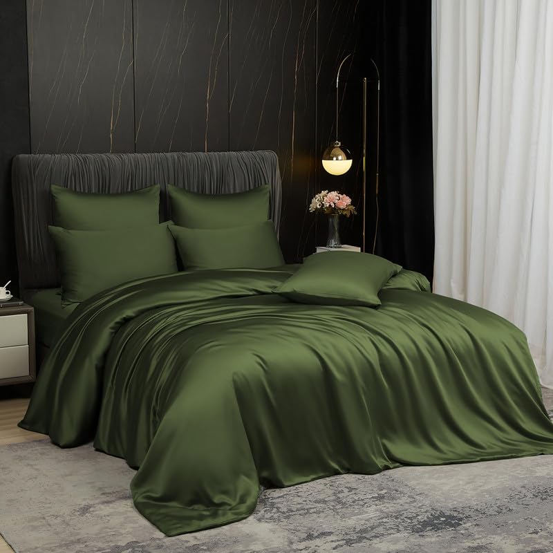 Gezu Bambus Lyocell Bettwäsche 155x220cm Olivgrün Grün 100% Bambusseide Antibakteriell Bettbezug 155x220 Bambusfasern Glänzend Bettwäsche Bamboo Luxus Bettbezug mit 2 Kissenbezüge mit Reissverschluss
