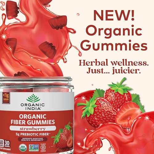 ORGANIC INDIA Fiber Gummies for Adults - Prebiotic Fiber, Dietary Supplement, Digestive Health for Men & Women, Vegan, Low Sugar, Non-GMO - Strawberry, 60 Gummies - Image 3