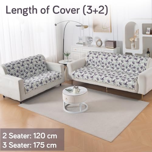 Image of HOKIPO Lavender Vine Quilted Sofa Cover 3 Seater and 2 Seater with Tassels Set - 5 Seater Sofa Cover (3+2) for Seat & Back | 'Tassel Twigs' Series (IN-991-T1 + IN-990-T1)