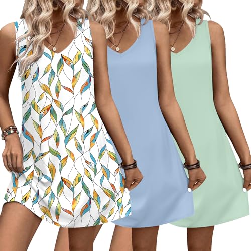 Image of Ekouaer 3 Pack Nightgowns of Women Tank Sleep Shirts Sleeveless Nightshirt for Sleeping Sleepwear V Neck Dress S-2XL