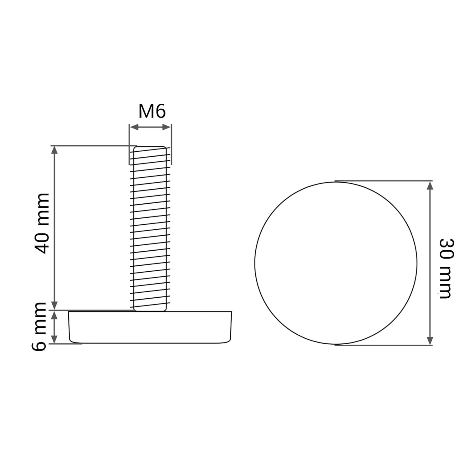 SKIR'CO 4 pcs, Furniture Leveling Feet M6 x 40 mm, Adjustable Round Legs 30 mm Diameter, M6 Thread Leveler Foot - Image 3