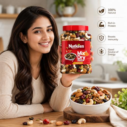 Image of Nutkeen Healthy Nutmix, Dried Almonds, Black Raisins, Cashewnuts, Cranberries, Black Dates, Cherries & Dried Amla| & Many More. (Pack of Jar) (500GM (pack of 1))