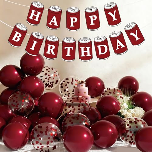JarThenaAMCS Burgundy Birthday Party Decorations 2 Pcs Cola Can Happy Birthday Banner with 40 Pcs 10 Inch Latex Balloons and 12 Inch Confetti Balloons Set for Cola Theme Party