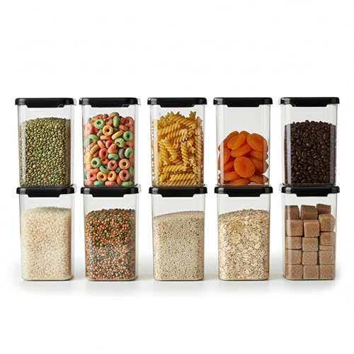Image of Plastic Airtight Containers Set For Kitchen Storage And Containers Box For Pantry Organization And Container (1100ml, Black And Transparent) Set of 10