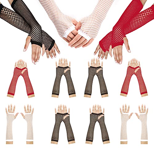 8 Paar Lang Netzhandschuhe weiß Rot Schwarz Fischnetz Handschuhe Schwarz Fingerlose Fischnetz Handschuhe Netz Mesh Handschuhe 80er Fischnetz Handschuhe für Verkleidung Kostüm Party Lieferungen Cover