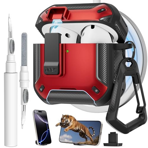 Image of for AirPods 4 Case with Magnetic Secure Lock Clip and Phone Stand, Compatible with Magsafe Charging, with Carabiner&Cleaner kit for Apple iPod 4th Generation Cover(2024) Men Women (Red)
