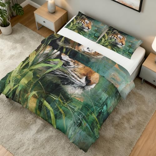 TANCAPRIUM Tiger Comforter Set Queen - Jungle Animal Bedding Set & 2 Pilow Cases for All Season - Soft Reversible Down Alternative 3 Piece. Tiger Bedrom Decor