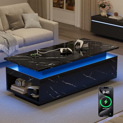 PPorfamilia LED Coffee Table with Storage, Black Coffee Table with Wireless Charging and Speaker, High Glossy Modern Center Table with 24 Color LED Lights for Living Room Bedroom, Black