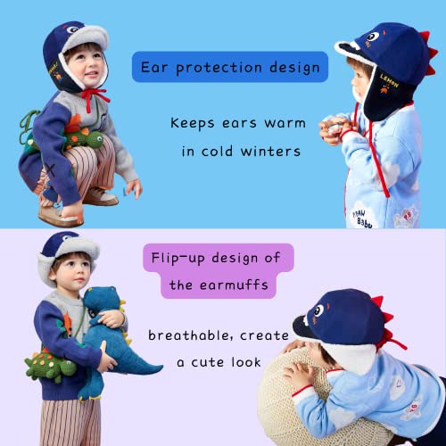 Llbucuo Toddler Winter Hat Sherpa Lined Baby Trapper Hat Fleece Kids Winter Hat Warm Fleece Infant Hat For Boys Girls (Blue Dinosaur,1-2 Years) #TOP4