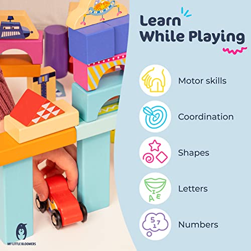 My Little Bloomers 142 Piece Wood Building Blocks Set - Wooden Stacking Blocks For Toddlers And Kids Ages 3-5 & 4-8 - Includes Container With Shape Sorting Lid For Learning #TOP3
