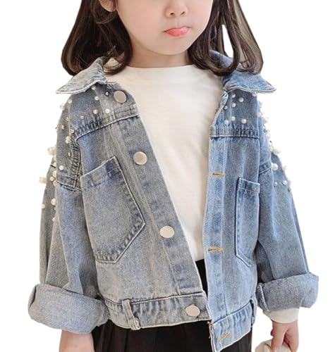 Girls Cute Lapel Long Sleeve Pearls Denim Jackets Kids Button Down Jean Jakcets Coat