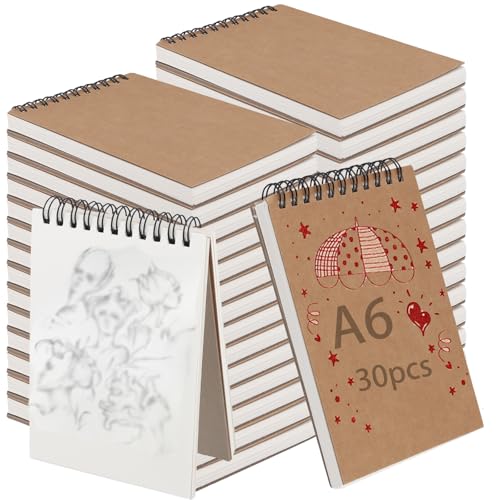 KINJOEK 30 PCS A6 Sketchbooks, 120 Pages 60 Sheets Top Spiral Bound Sketch Pads, A6 Kraft Cover Blank Spiral Notepads for Drawing, Sketching, Painting, Writing