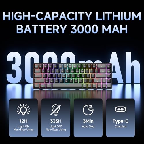 Dierya DK68 Teclado Mecánico Gaming Inalámbrico,60% Layout Compacto 68 Teclas con Triple Modo-Bluetooth/2.4G/Type-C,Red Switch Gamer Mechanical RGB Keyboard para PC/Win/Mac,QWERTY,Griza Nigra-B - imagen 6