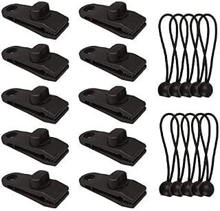 Tarp Clip Tent Tarp Clips Lock Grip, 10Pcs Awning Clamp and 10Pcs Tarpaulin Bungee Cord Ropes Bungee Ball Tent Clip Accessories for Tents, Covers, Awnings, Banners, Boating, Gardening (Black)