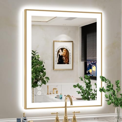 Image of 36x30 LED Bathroom Mirror with Lights, Gold Framed Lighted Mirror | Backlit and Front light, Anti-Fog, 3 Color Dimmable, Memory, Tempered Glass, IP54 Waterproof, UL Listed