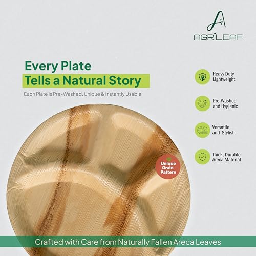 Image of 12 inch 4 Compartment Areca Palm Leaf Plates with Spork | 24 Pack (12 Plates + 12 Sporks) | Eco-Friendly, Compostable, Strong & Sturdy | Use & Throw Dinnerware for Party, Wedding, Events