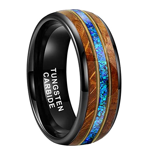 8mm Tungsten Rings for Men Women Engagement Wedding Bands Whisky Barrel Wood Guitar String Blue Opal Inlay Domed Polished Comfort Fit