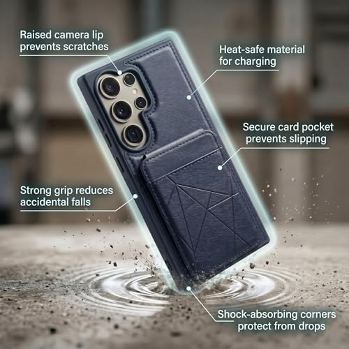 Image of amazon basics Premium Vegan Leather Back Cover with Card Holder and Integrated Mobile Stand for Samsung Galaxy S24 Ultra 5G - Slim Shockproof Wallet Case with Geometric Stitching [Blue]