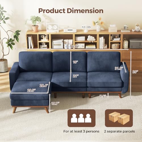 Image of Vesgantti 97 inch Modular Sectional Sofa Dark Blue, L-Shaped Couch with Movable Ottoman, Comfy Corduroy Couch with Spring Cushion, Modular Sofa with Deep Seat for Living Room, Bedroom and Apartment