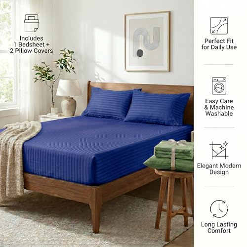 Image of Mafatlal Italian Strip King Size Bed Sheet with 2 Pillow Covers Cotton | 210 TC Pure Cotton Flat Bedsheet Dark Blue | 108 x 108 Inches | Soft & Durable