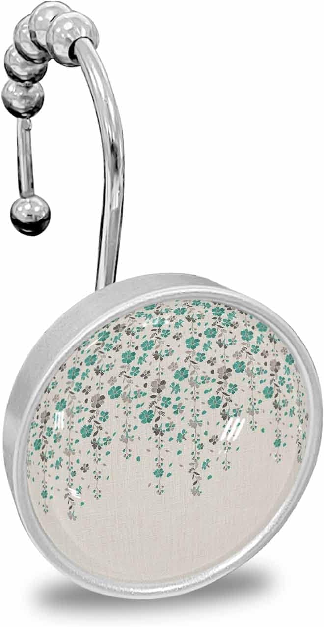 Shower Curtain Hooks,Stainless Steel Shower Curtain Rings with Flower Teal Grey Cherry Blossoms Cotton Linen Crystal Glass Design Anti-Rust Decorative Shower Curtain Hooks for Bathroom 12PCS