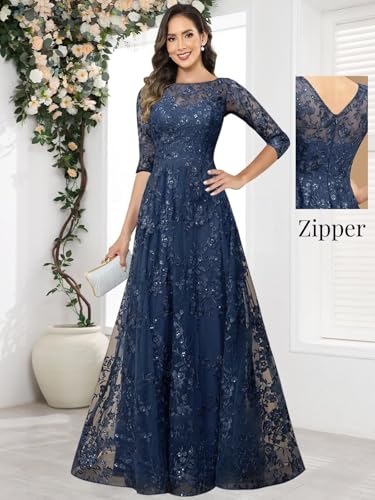 Mother of The Bride Dresses with 3/4 Sleeve Lace Appliques Crew Neck Wedding Guest Formal Gown3