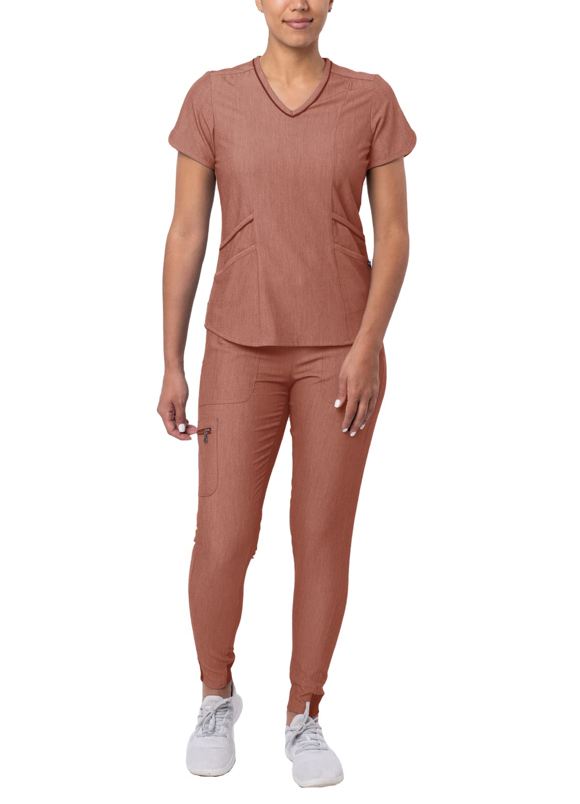Adar Pro Modern Athletic Scrub Set for Women - Modern V-Neck Scrub Top & Yoga Jogger Scrub Pants - P9500 - Heather Coffee - S
