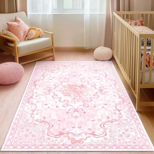 Image of Ucharm Pink Bow Rug for Bedroom Girls,5x7 Nursery Rugs for Living Room with Soft Low Pile, Cute Vintage Non Slip Washable Rug for Nursery Kids Playroom Dining Room College Dorm Girl