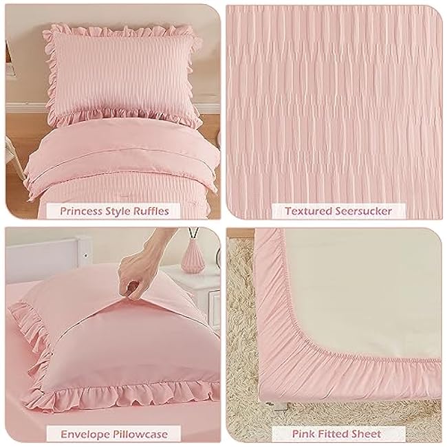 Cozyholy 4 Piece Textured Seersucker Toddler Bedding Set Girls Crib Sheets Set Pink Ruffle Baby Bed Comforter Set Lightweight Bed in a Bag | Include Comforter, Flat Sheet, Fitted Sheet, Pillowcase