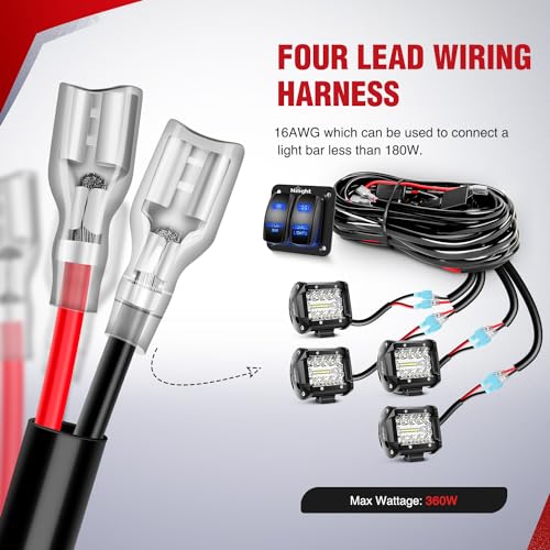 Image of Nilight 16AWG LED Light Bar Wiring Harness Kit-4 Leads | 12V On /Off 2 Gang Laser Etched Pod Lights Rocker Switch Panel Power Relay Fuse 5Pin Toggle for Cars Boat ATV Trucks