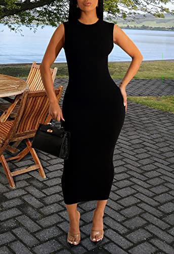 Image of Sexy Bodycon Ribbed Tank Dress for Women Sleeveless Casual Midi Dresses