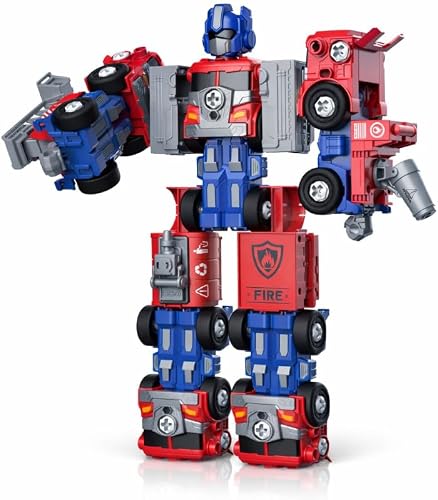 5-in-1 Robot Construction Set for Kids, ABS Plastic, Red and Blue, Screw-On Assembly, Rescue Vehicles Mech Robot, Ages 3+