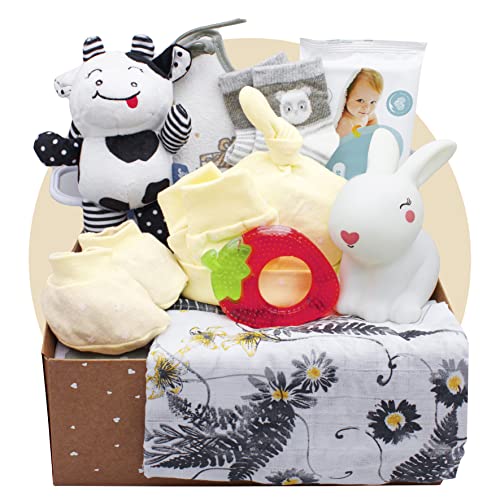 PEKEL'S Canastilla para Bebé Recién Nacido - Caja de Regalo de Bienvenida con Ropa de Algodón, Pañales y Toallitas Biodegradables, Peluche y Más - Vegano, Algodón Hipoalergénico - Unisex (BBOX 3)