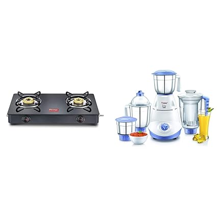 Prestige Magic Glass Top 2 Burner Gas Stove with Manual Ignition, Black and Iris 750 Watt Mixer Grinder with 3 Stainless Steel Jar and Juicer Jar (White and Blue)